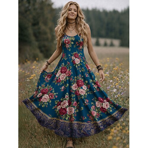 Damen Midi Kleid Boho Lässiges Kleid Swing Kleid Sommerkleid Vintage Strand Reguläre Passform Floral Grafik Ärmellos Rundhals Blau Rot Grün Sommer Frühling Image