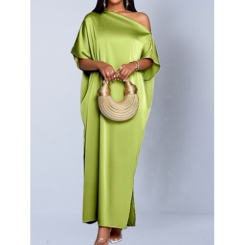 Damen Maxikleid Satinkleid Partykleid Freizeitkleid Elegant Mode Modern Outdoor Urlaub Ausgehen Normale Passform Einfach Halbarm Ein-Schulter Blau Gelb Rote Dunkelgrün Sommer Frühling Image