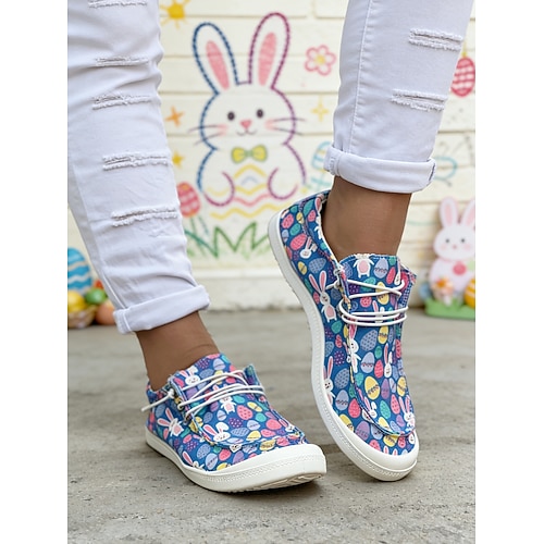 Damen Lässig Täglich Streetwear Flacher Absatz Runde Zehe Lässig Komfort Preppy Segeltuch Schnürung Blau Image