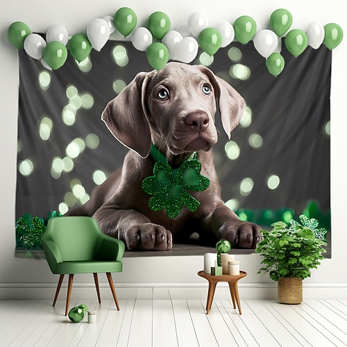 St. Patricks Day Tapisserie Banner Decke Hund Kleeblatt Niedlich Romantisch 3D Schlafzimmer Wohnzimmer Wohnheim Jugendzimmer Studentenwohnheim Wandveranda Wohndeko Image