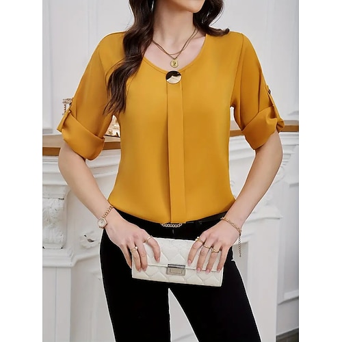 Damen Hemd Bluse Patchwork Einfach Elegant Stilvoll Modern Langarm Rundhalsausschnitt Normale Oberteile Täglich Ferien Ausgehen Schwarz Weiß Gelb Königsblau Aprikose Sommer Frühling Image
