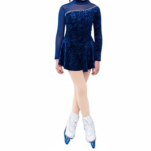 Eiskunstlaufkleid Damen Eislaufen Kleid Marineblau Patchwork Asymmetrischer Saum Dehnbar Training Wettbewerb Eiskunstlaufkleidung Klassisch Kristall / Strass Langarm Eislaufen Eiskundstlauf Image