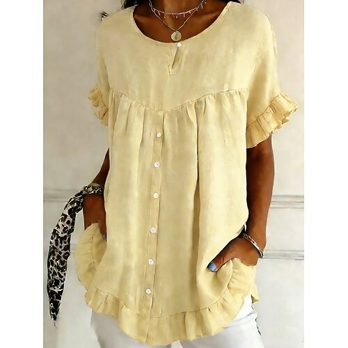 Damen Hemd Baumwoll-Leinen-Hemden Bluse Rüschenhemd Rüsche Einfach Stilvoll Klassisch Modern Kurzarm Rundhalsausschnitt Normale Oberteile Täglich Ferien Ausgehen Schwarz Weiß Gelb Hellgrün Rosa Image