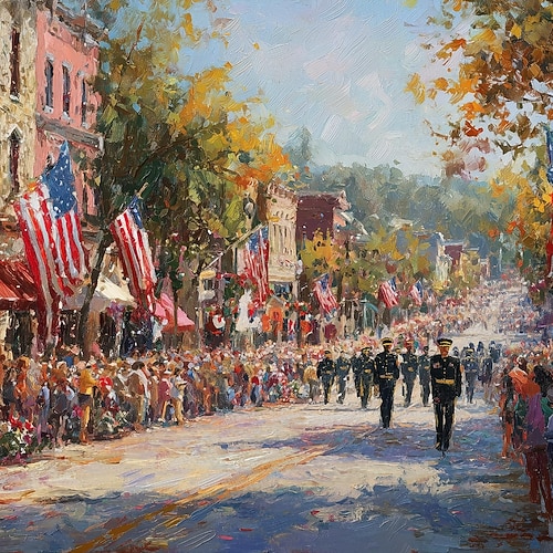 Amerika 250. Jubiläum patriotische Wandkunst digitale Ölgemälde Vintage USA Parade Szene Image