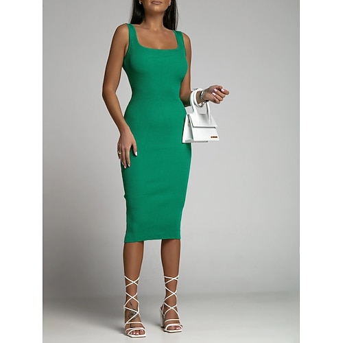 Damen Midikleid Weißes Kleid Abschlusskleid Bodycon Figurbetontes Kleid Elegant Mode Modern Outdoor Urlaub Ausgehen Normale Passform Einfach Ärmellos Quadrathals Schwarz Weiß Grün Khaki Sommer Image