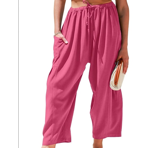 Damen Kunstbaumwollleinen Weite Hosenbeine Chinos Urlaub Vintage Streetwear Volle Länge Hohe Taille Einfach Patchwork Tasche Bequem Mikroelastisch Täglich Outdoor Urlaub Violett Schwarz Wei Image