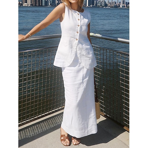 Damen Zweiteilige Sets Rock-Sets Kunstbaumwollleinen Ärmellos Rollkragen Quadrathals Einfach Elegant Mode Streetwear Lässig Täglich Outdoor Schwarz Weiß Beige Sommer Normale Passform Image