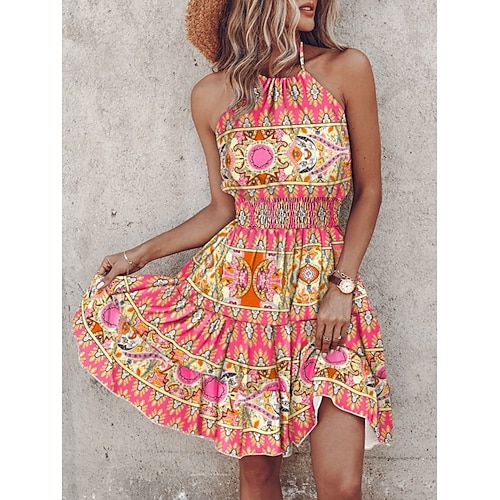 Damen Minikleid Freizeitkleid A Linie Kleid Neckholder-Kleid Mode Modern afrikanisch Täglich Urlaub Ausgehen Normale Passform Blumen Grafik Paisley-Muster Ärmellos Neckholder Blau Weiß Rosa Rote Image
