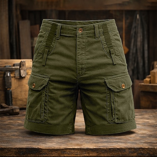 Herren Cargohose Cargohosen Cargo-Shorts Shorts Cordshorts Knopf hoch Strukturiert Einfach Knielang Lässig Outdoor Streetwear Mode Streetwear Schwarz Armeegrün Unelastisch Image