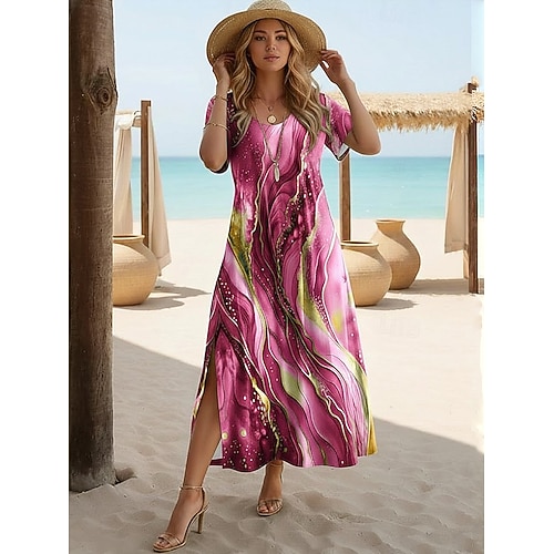 Damen Midikleid Sommerkleid A Linie Kleid Urlaub Lässig Strand Ausgehen Normale Passform Ombre Grafik Geometrisch Kurzarm Rundhalsausschnitt Blau Rosa Purpur Grün Sommer Image