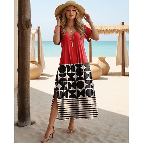 Damen Maxikleid A Linie Kleid Sommerkleid Urlaub Lässig Strand Ferien Date Normale Passform Grafik Geometrisch Kurzarm V Ausschnitt Hellgelb Rote Leicht Braun Orange Sommer Frühling Image