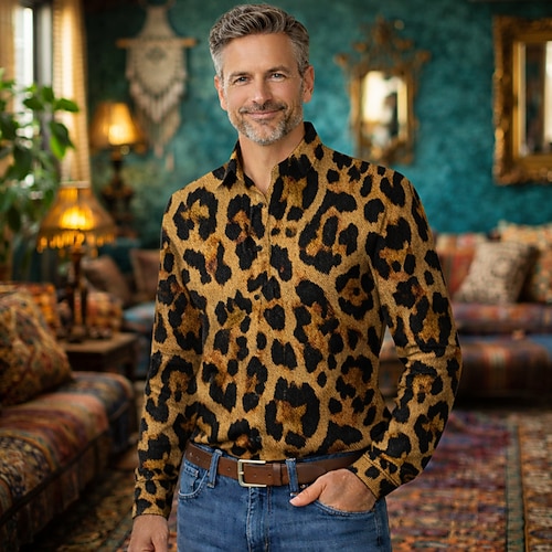 Retro Vintage 1970er Hemd Aloha-Hemd langarm Hippie Leopard Kostüm Unisex Maskerade Musikfestival Party Alltagskleidung Erwachsene Hemd Image