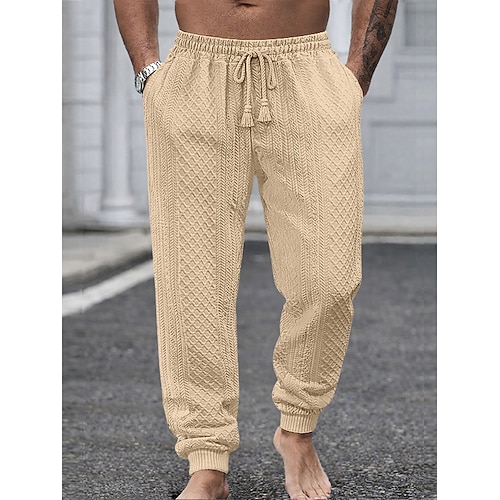 Herren Jogginghose Jogger Hose Freizeithose strukturierte Hose Kordelzug Elastischer Bund Strukturiert Einfach Komfort Atmungsaktiv Volle Länge Täglich Outdoor Ferien Urlaub Lässig Schwarz Weiß Image
