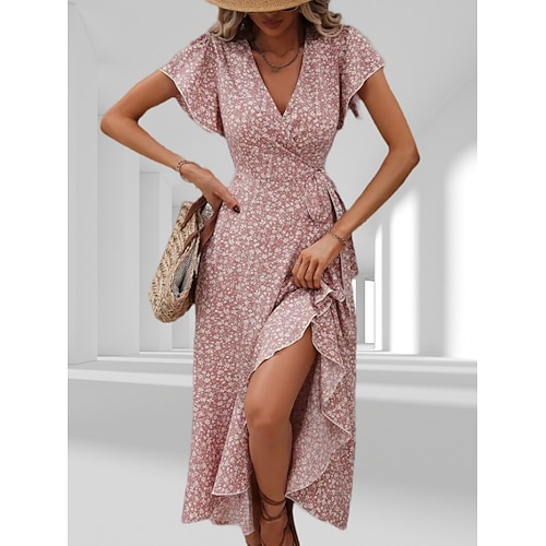 Damen Midikleid Freizeitkleid Wickelkleid Blumenkleid Elegant Mode Modern Outdoor Urlaub Ausgehen Normale Passform Blumen Kurzarm V Ausschnitt Gelb Rosa Rote Marineblau Sommer Frühling Image