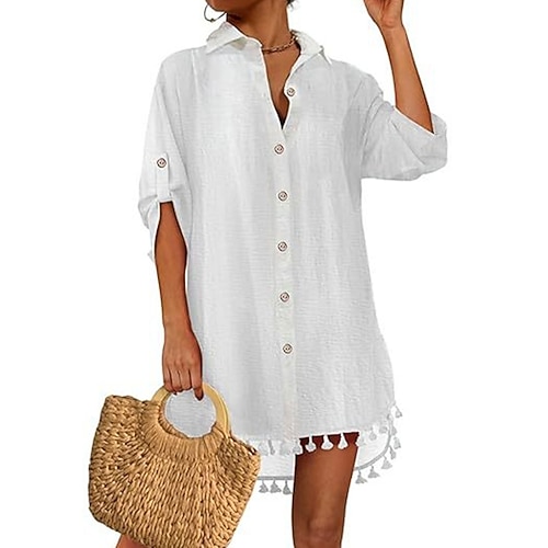 Damen Minikleid Weißes Kleid Strandkleid schwarzes kleid Hemdblusenkleid Elegant Mode Klassisch Täglich Outdoor Strand Lässiger Schnitt Einfach Dreiviertelarm Hemdkragen Schwarz Weiß Sommer Frühling Image