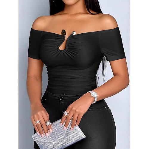 Damen Bluse Gerafft Patchwork Einfach Stilvoll Sexy Kurzarm Schulterfrei Crop Tops Täglich Ferien Ausgehen Schwarz Braun Sommer Frühling Image