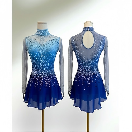 Eiskunstlaufkleid Damen Eislaufen Kleid BlauHellblau Patchwork Daumenloch Dehnbar Training Wettbewerb Eiskunstlaufkleidung Klassisch Kristall / Strass Langarm Eislaufen Eiskundstlauf Image