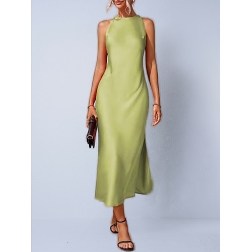 Damen Midikleid Satinkleid Partykleid Wickelkleid Elegant Mode Modern Outdoor Urlaub Ausgehen Normale Passform Einfach Ärmellos Neckholder Schwarz Rote Braun Grün Sommer Frühling Image