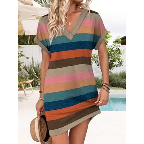 Damen Minikleid Freizeitkleid Blumenkleid Druckkleid Mode Modern Outdoor Urlaub Ausgehen Normale Passform Blumen Kurzarm V Ausschnitt Blau Leicht Braun Braun Khaki Sommer Frühling Image