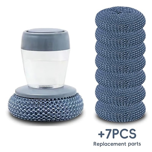 1 Spülbürste mit Seifenspender und 7 Ersatzteilen, Spülbürste mit Seifenspender, multifunktionales Reinigungswerkzeug mit Druckmechanismus, platzsparender Küchen-/Bad-/Grillreiniger für Geschirr, Image