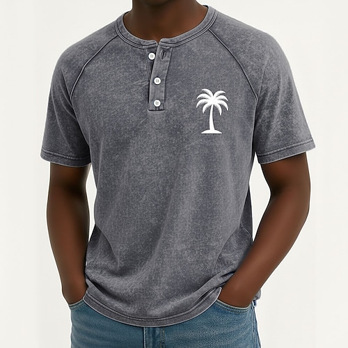 Herren Kokospalme Vintage T-Shirt Henley Oberteil Gewaschenes Hemd Kurzarm Vintage Designer Lässig Lässig Täglich Outdoor Sommer Frühling Ganzjahres Hellblau Violett Grau Henley Henley T-Shirt Image