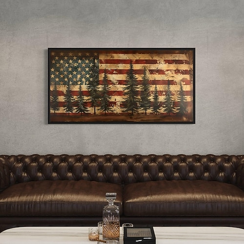 Rustikale amerikanische Flagge extra große Wandkunst patriotische Wandkunst Flagge und Kiefernbaum Gemälde Leinwanddruck gerahmt bereit zum Aufhängen Image