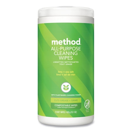 METHOD 338525 All Purpose Cleaning Wipes, 1 Ply, Lime and Sea Salt, White, 70