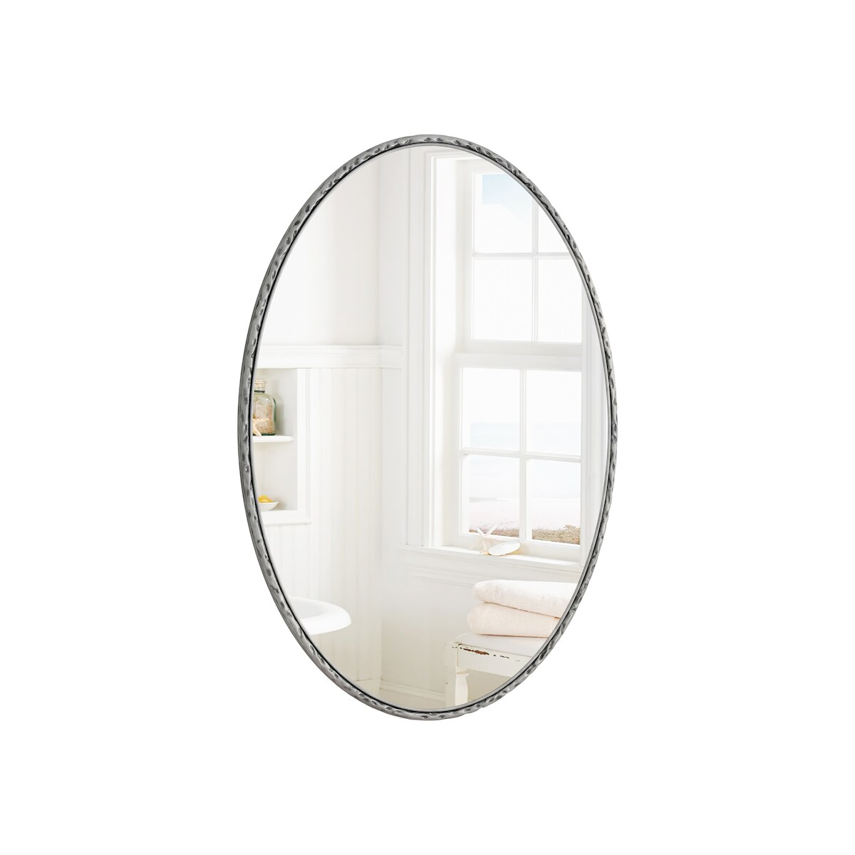 MODFU Wandspiegel oval mit Eisenrahmen in Silber 100x65x3 cm Antikoptik für Bad, Schlafzimmer und Wohnzimmer, vertikal oder horizontal montierbar