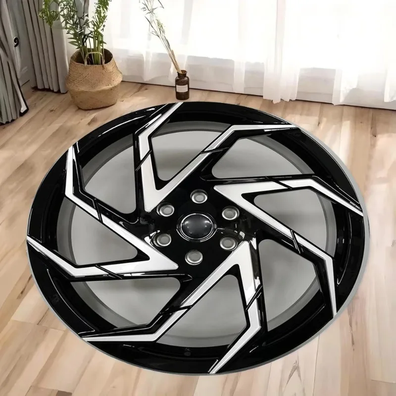 Teppichmatte im Auto-Felgen-Design, rutschfeste Trägerteppich, metallischer silberner blauer Akzent für moderne Heimdekoration, industrielle 3D-Felge Image