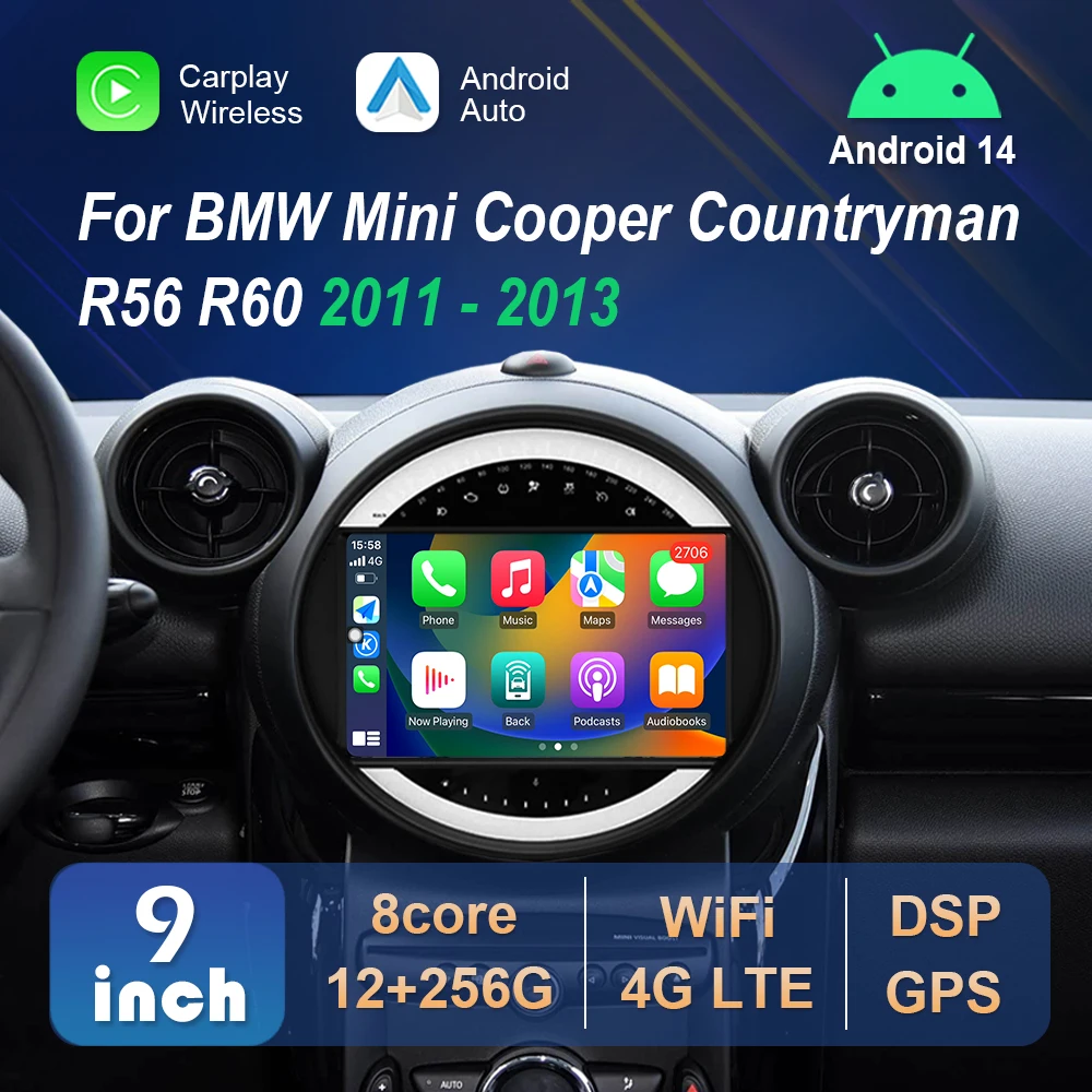 Android 14 System für BMW Mini Cooper Countryman R56 R60 2011–2013 Auto Video Multimedia Player GPS 4G WiFi Carplay DSP Stereo Image