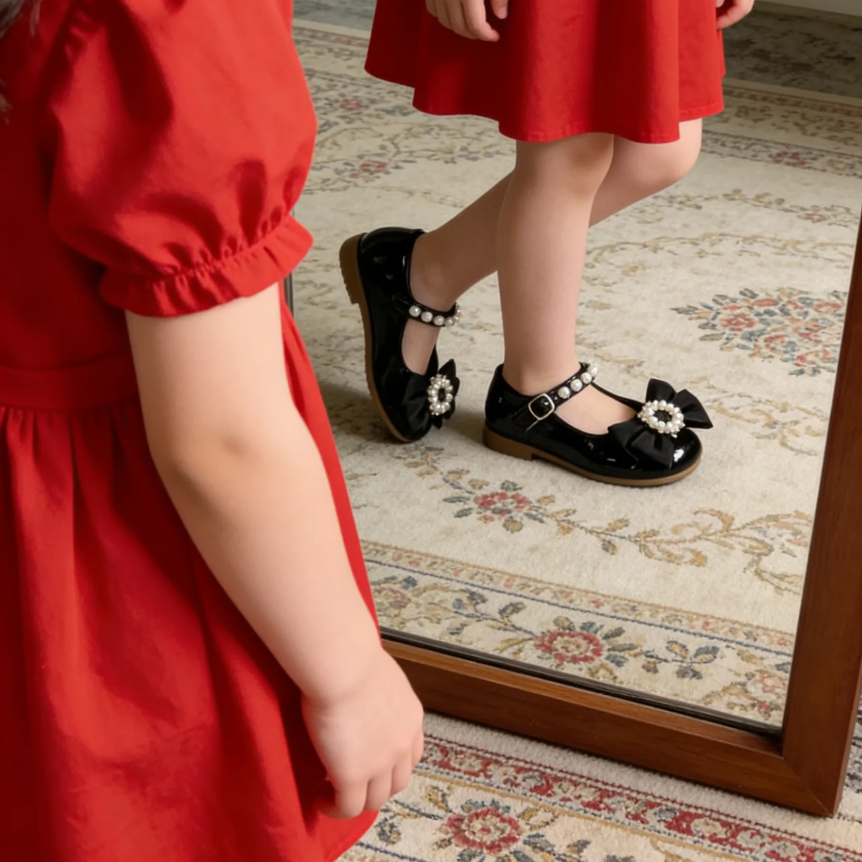 Freizeitschuhe für Kinder, PU-Leder, Kristallschleife, Perlen, Sommerschuhe für Mädchen, atmungsaktiv, rutschfest, flach, weiß, schwarz, rot, Größe 26–36