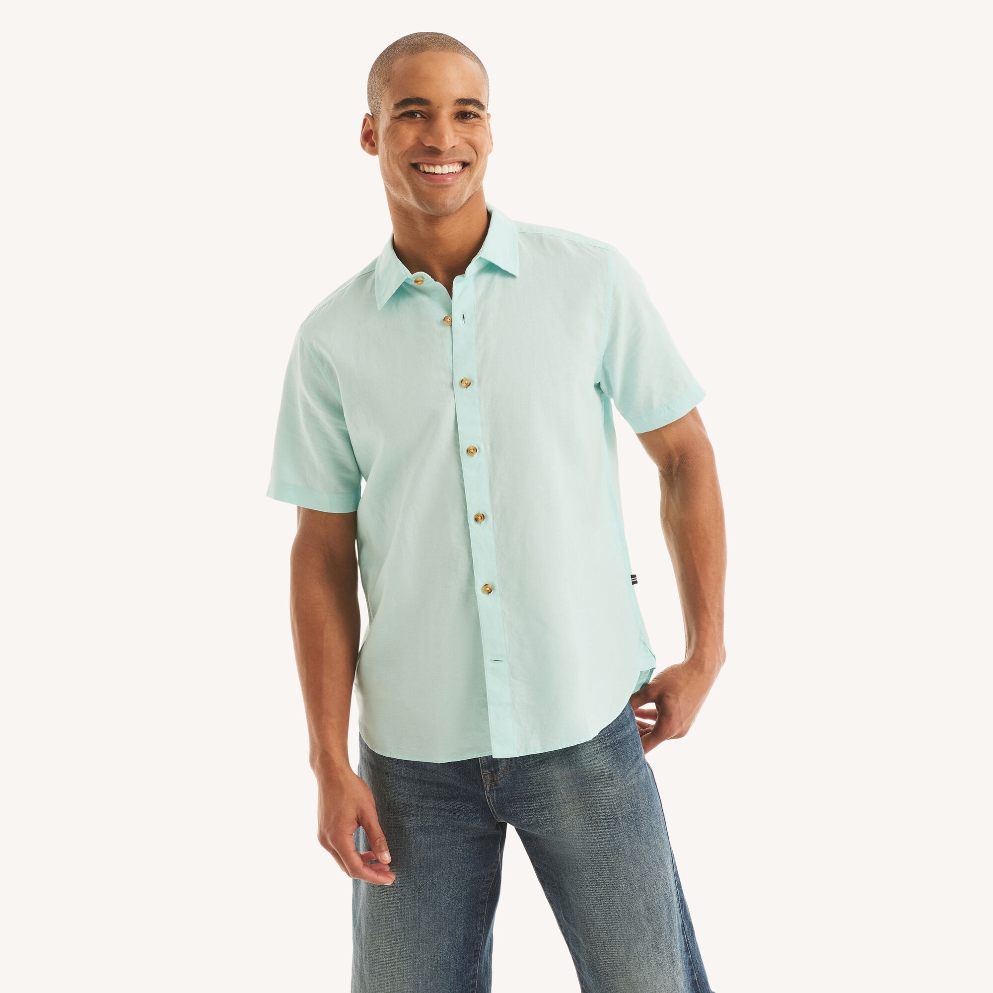 Nautica Men's Linen Short-Sleeve Shirt 499 (Aqua Splash), L