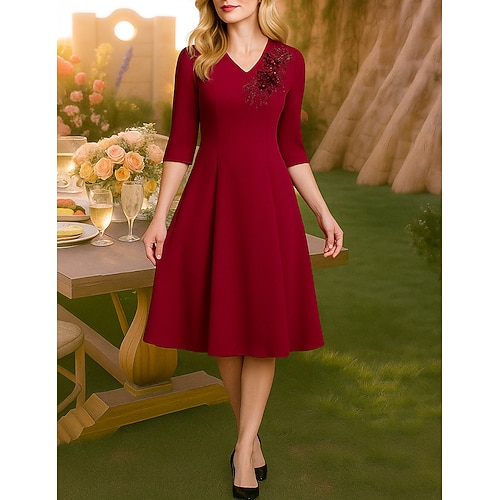 Abito da festa a lunghezza tè A-Line Abito da cocktail Abito per ospiti di matrimonio Abito per la madre della sposa Manica mezza Collo a V Elegante Vintage Lusso con Perline Ricamo