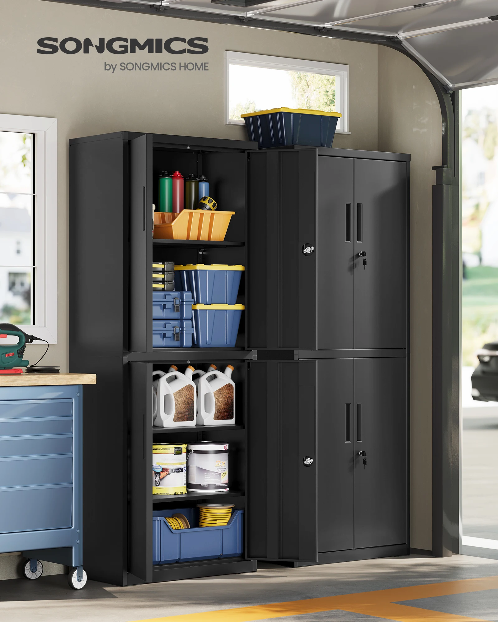 SONGMICS Aktenschrank, Aufbewahrungsschrank, 40 x 60 x 180 cm, 4 Schranktüren und 2 Schlösser, schwarz