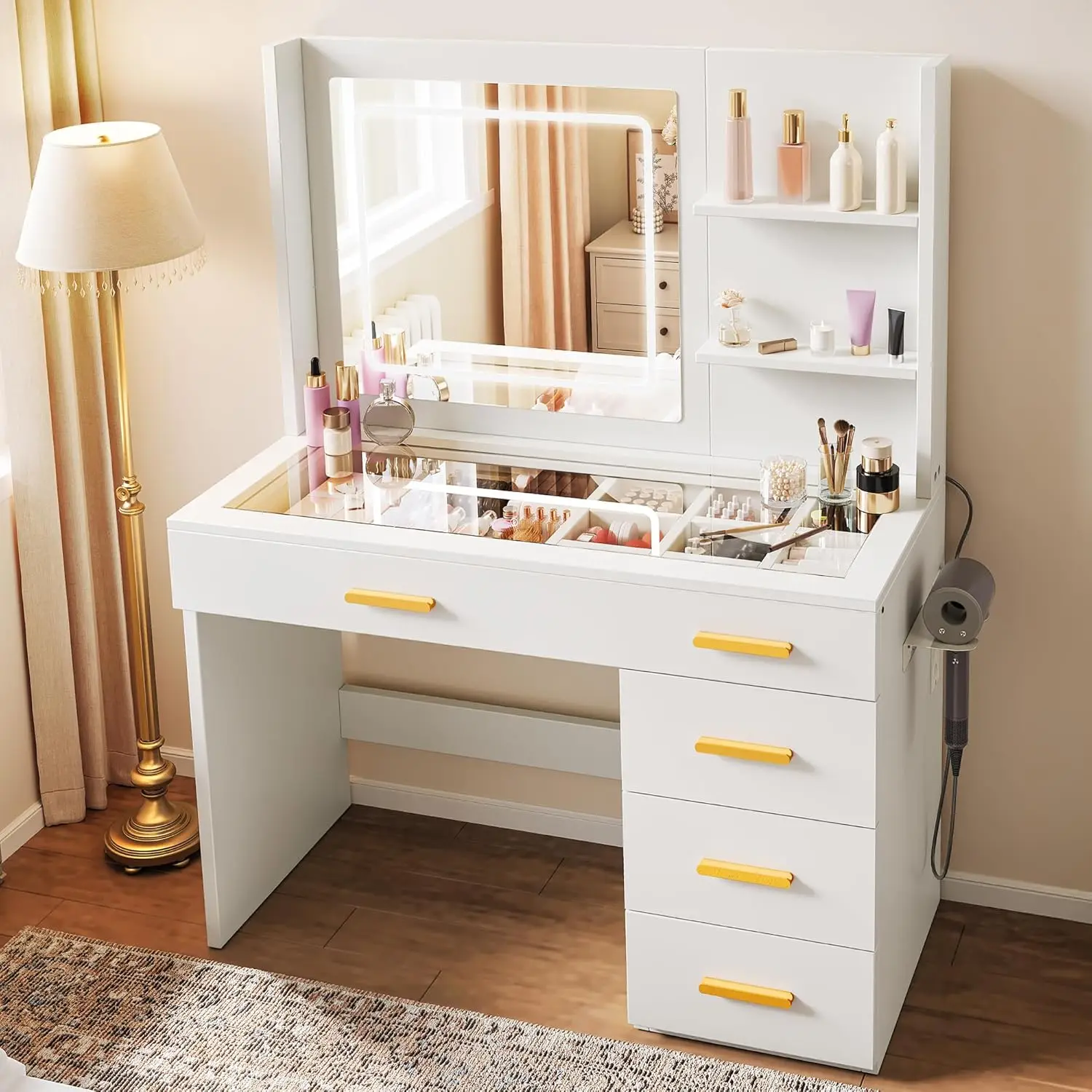 Schminktisch mit Beleuchtung, Schminktisch mit Spiegel, Schminktische mit Hocker, Farben mit einstellbarer Helligkeit, Dressi Image