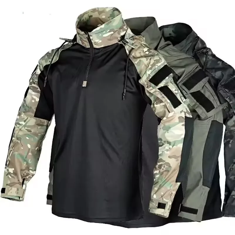 Wandern Taktisches Hemd Männer Im Freien Atmungsaktive Abnehmbare Kapuze Camping Top Schnell Trocknend Treking Angeln Militär Kampf Pullover Image