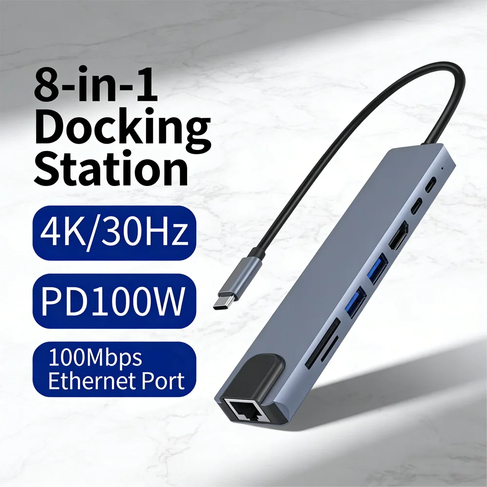 8-in-1 USB-C Dockingstation: 4K HDMI Adapter, 100W PD Schnellladung, Gigabit Ethernet, 2xUSB, SD/TF Kartenleser für Laptop Image