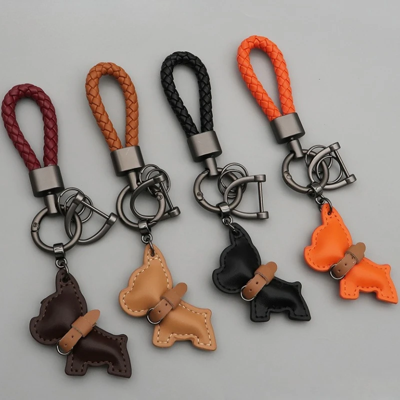 Benutzerdefinierte Name Nummer Cartoon niedlichen Hund Auto Schlüsselanhänger Laser personalisierte Logo Leder Schlüsselanhänger Ring Welpen Anhänger geflochten Seil Schlüsselanhänger Image