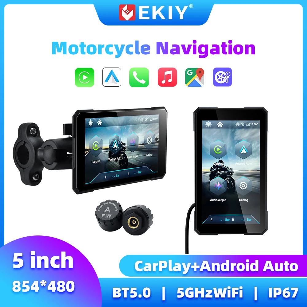 EKIY 5-Zoll-Motorrad-GPS-Bildschirm, rotierender Motorrad-Carplay-Bildschirm, Navigation, GPS-Monitor, kabelloses Carplay, Android Auto