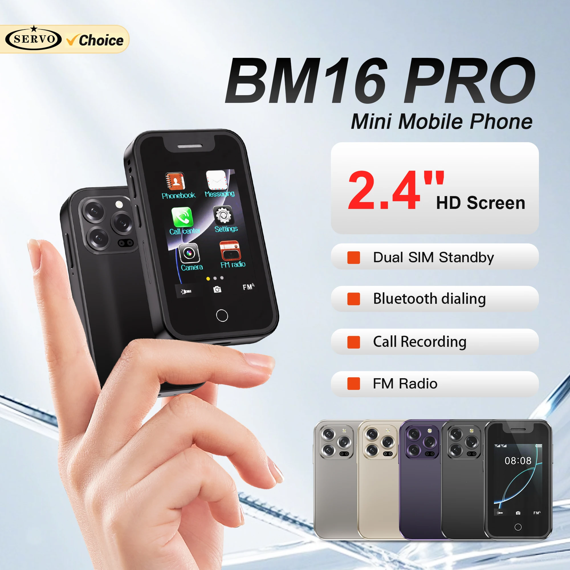 SERVO BM16 PRO Mini-Handy mit 2G GSM, 2,4-Zoll-Touchscreen, Magic Voice, Anrufaufzeichnung, FM-Radio, Dual-SIM, Kompaktes Mobiltelefon Image