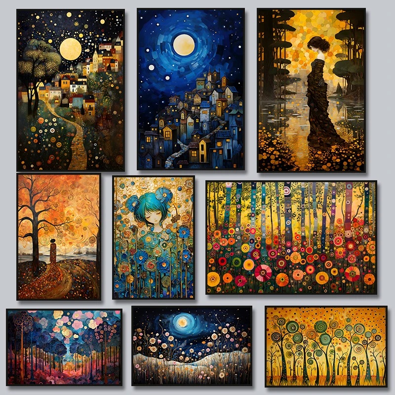 Gustav Klimt inspirierte Landschaft Leinwand Malerei Kunstdruck Blumen Baum des Lebens Poster Wandbild Wald moderne Wand Home Decor