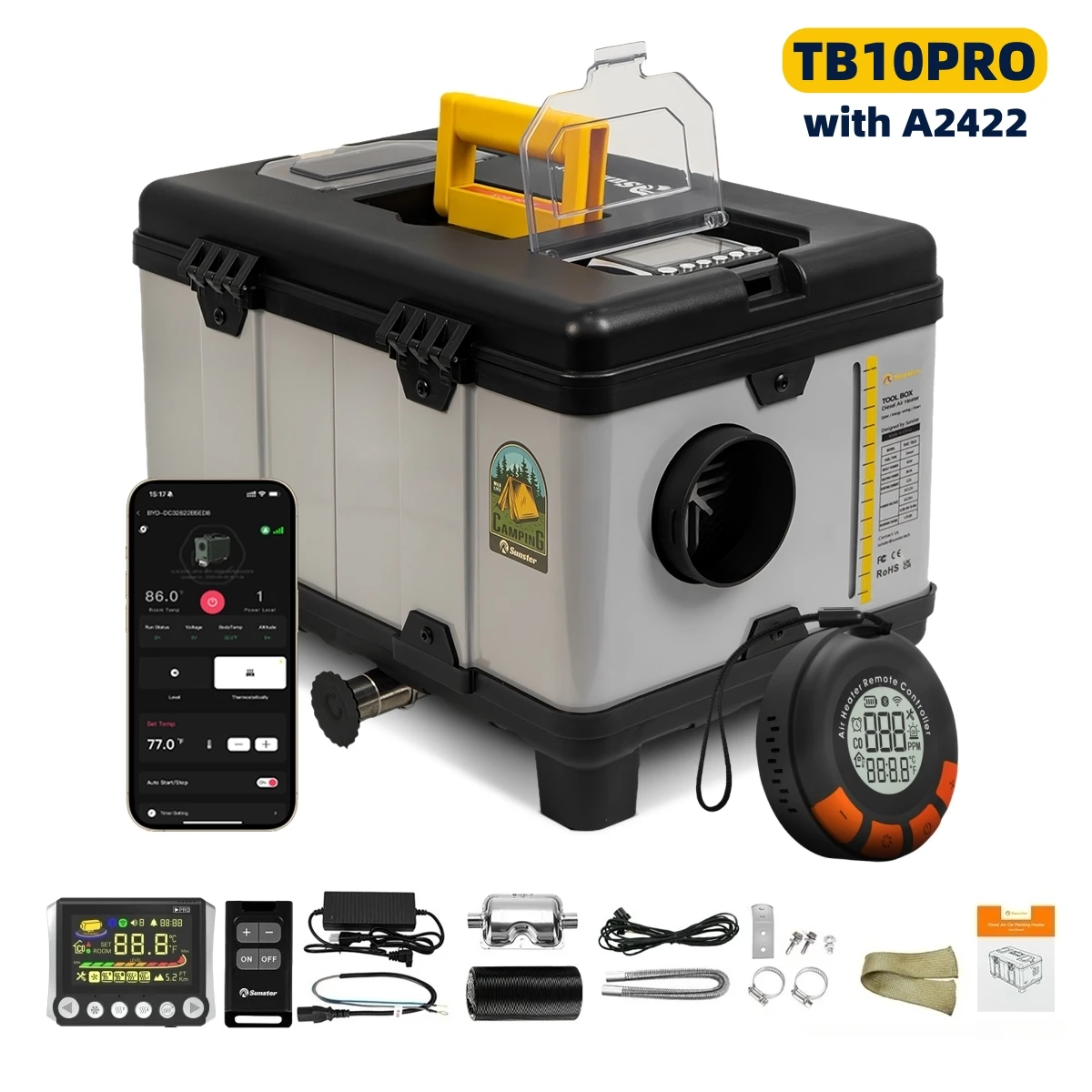 Sunster TB10PRO Diesel-Lufterhitzer, 12 V, 24 V, 110–240 V, 8 kW, Standheizung mit Bluetooth-App und LCD-Monitor für Auto, Häuser, Wohnmobil Image