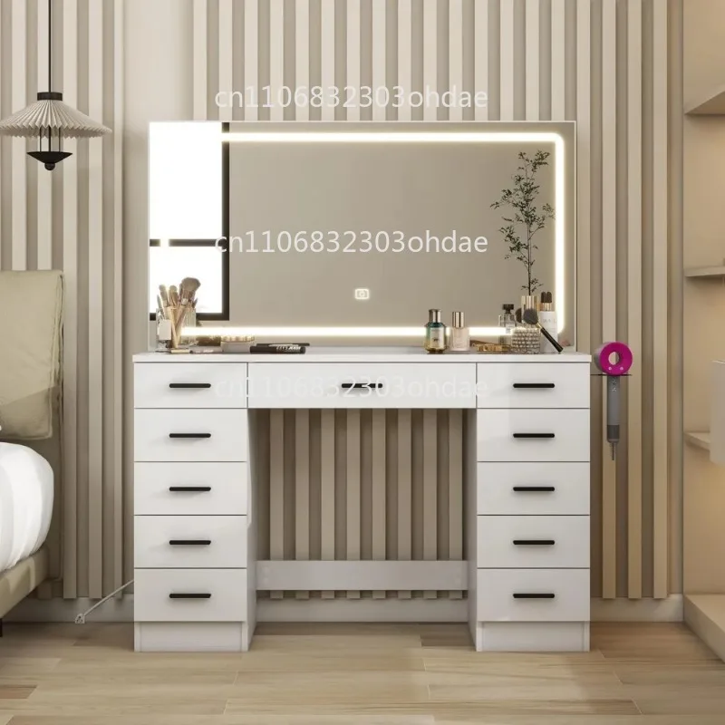 Schminktisch mit LED-Leuchten und Hocker, 3 Beleuchtungsmodi, Helligkeit, Schminktisch mit 11 Schubladen, Schminktisch mit Glassplatte und Spiegel