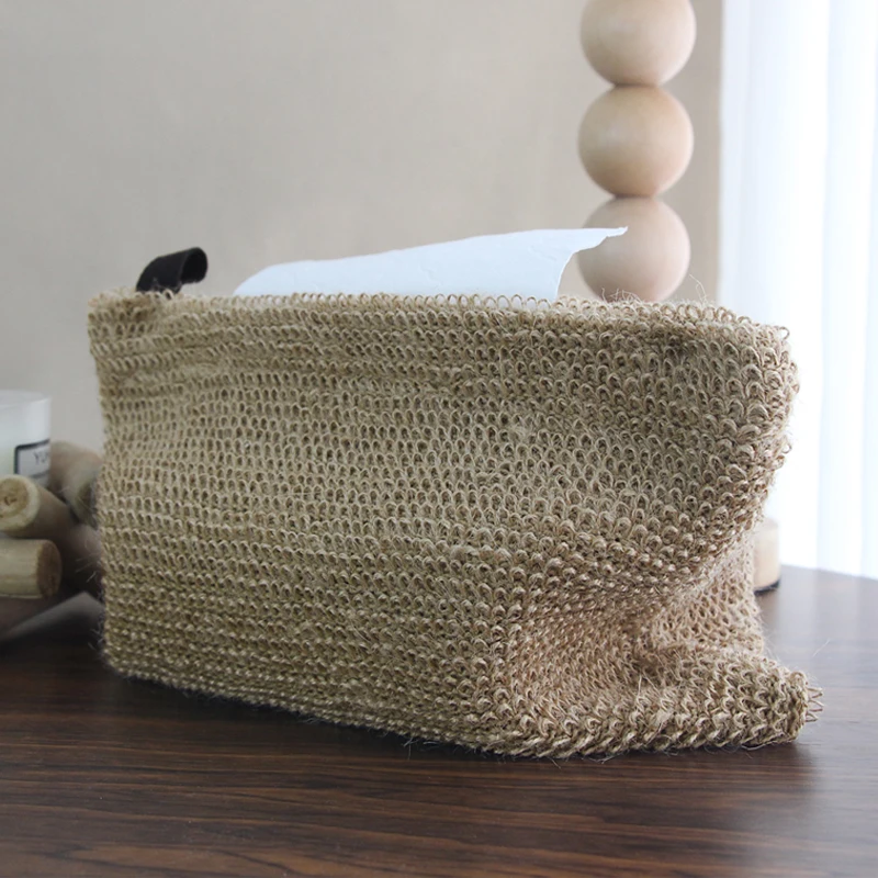 Taschentuchbox im Vintage-Stil in Kaffeefarbe mit Jute-Taschentuchbeutel, beige Tisch-Taschentuchbox, Wabi-Sabi-Stil für Gästehäuser