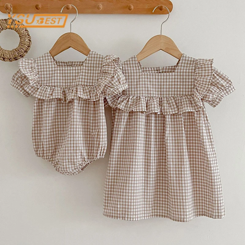 Sommer süße Neugeborene Mädchen Gitter Overall Kleinkind Baby Mädchen kurze Ärmel Kinder Prinzessin Kleid Mädchen Schwester Kleidung Image