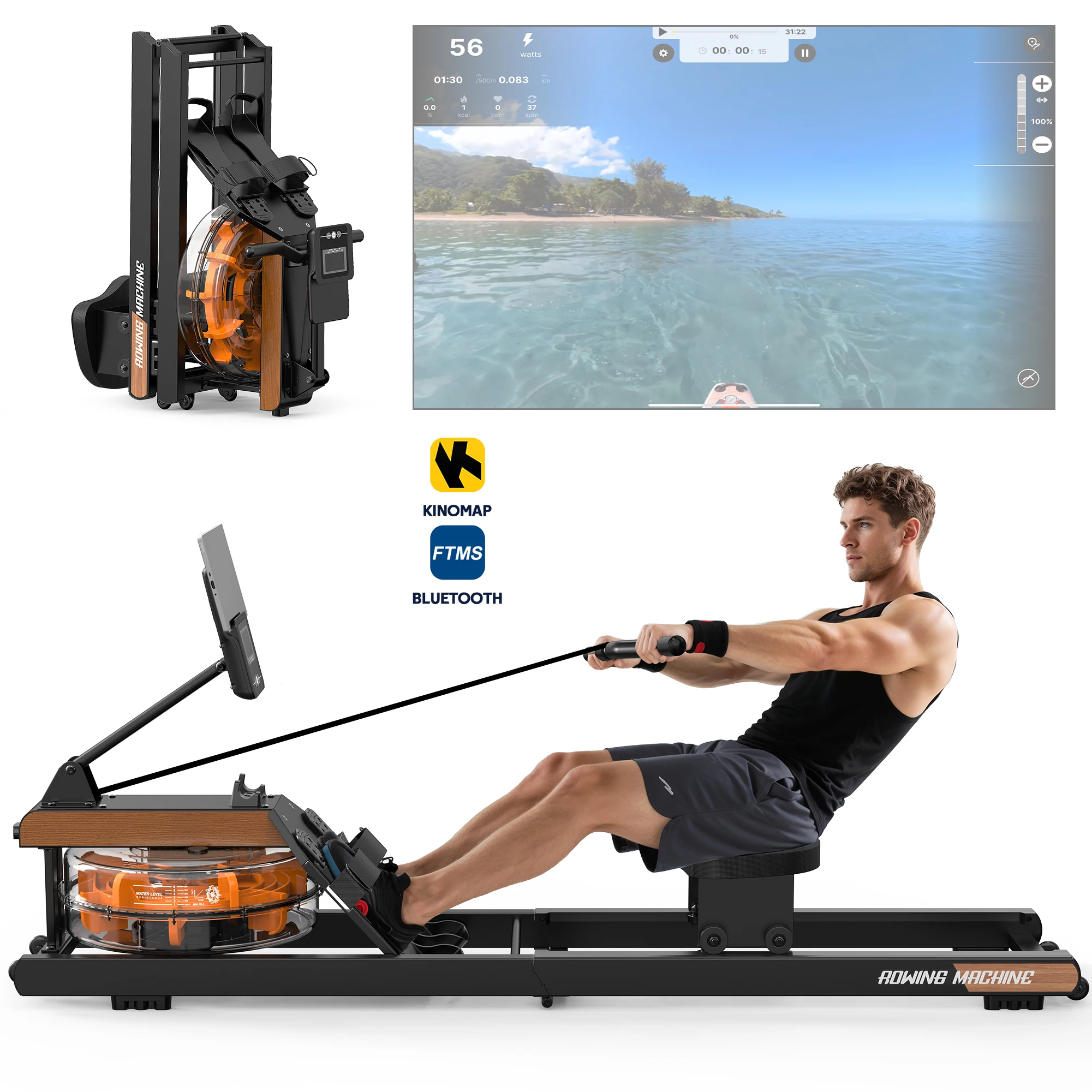 Rudergeräte für zu Hause: Bluetooth-Ruderwasser mit verstellbarem Tablet-Halter – 98 % vor dem montiertes Faltgerät Image