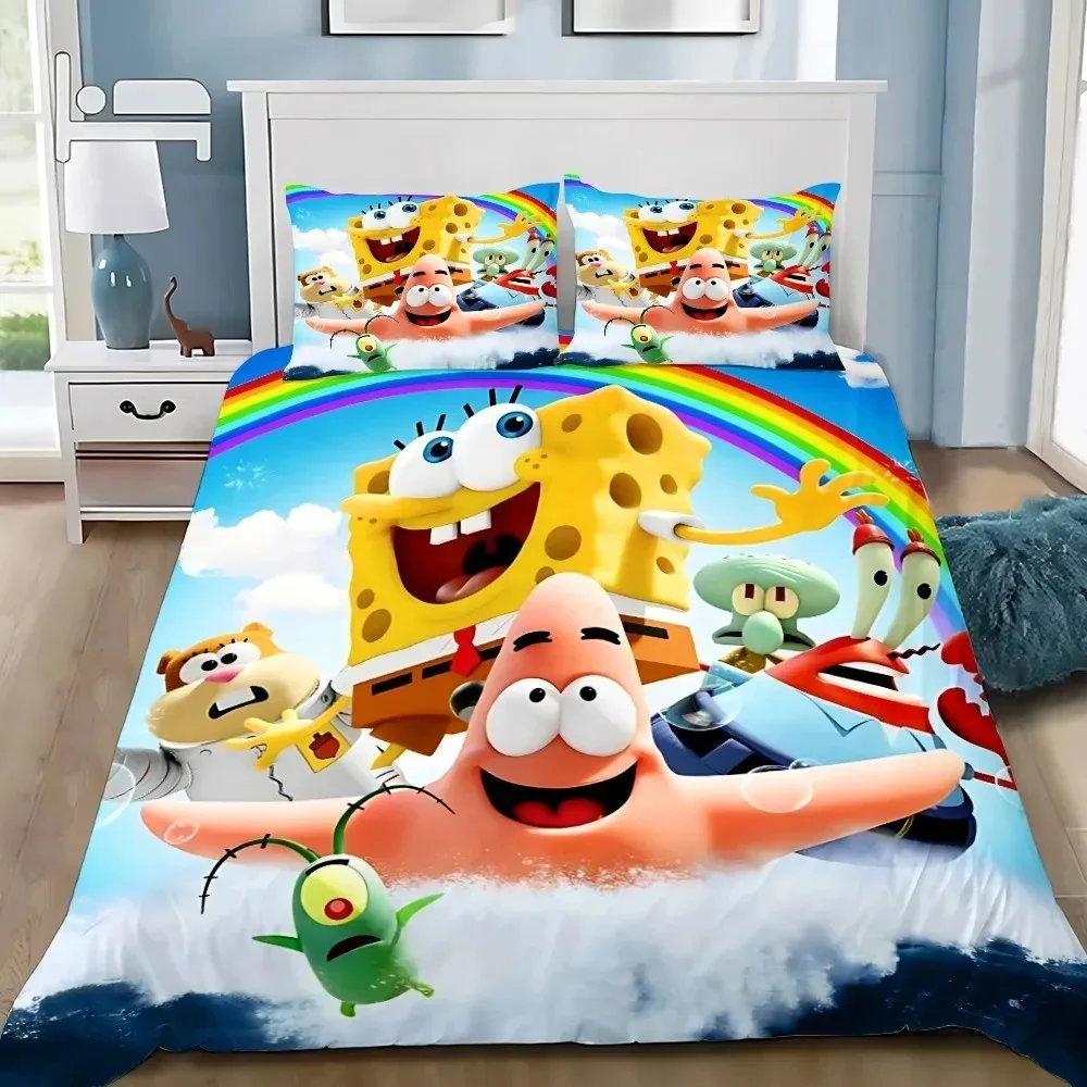 Cartoon Lustige S-SpongeBobS Bettbezug Kissenbezug Bettwäsche Set Erwachsene Junge Mädchen Schlafzimmer Dekoration Kinder Geschenk Einzel Doppel größe Image