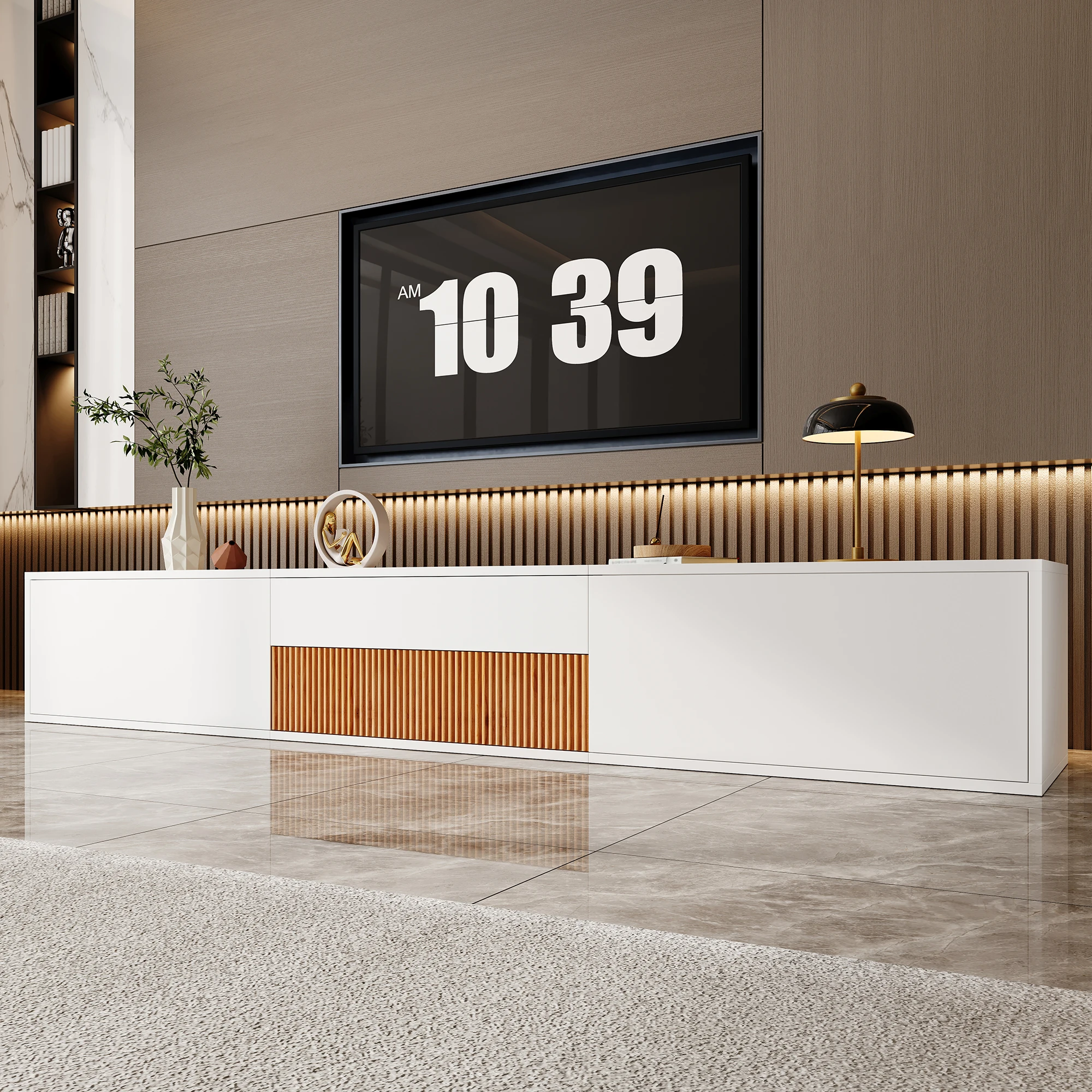 Moderner TV-Schrank, TV-Ständer, TV-Panel, unterer TV-Ständer. Einzigartiges Design, kann einen Projektor halten. 180 x 34 x 30 cm (L x B x H)