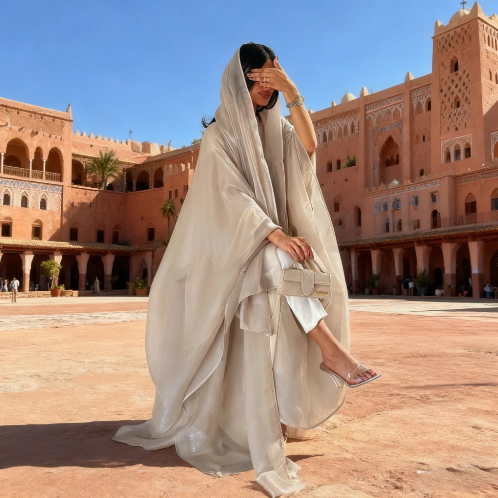 Eid Frauen Abaya Strickjacke Kleider Schal Seidige Muslimische Abayas Ramadan Marokko Dubai Jalabiya Kaftan Vestidos Arabische Lange Robe 2026 Image