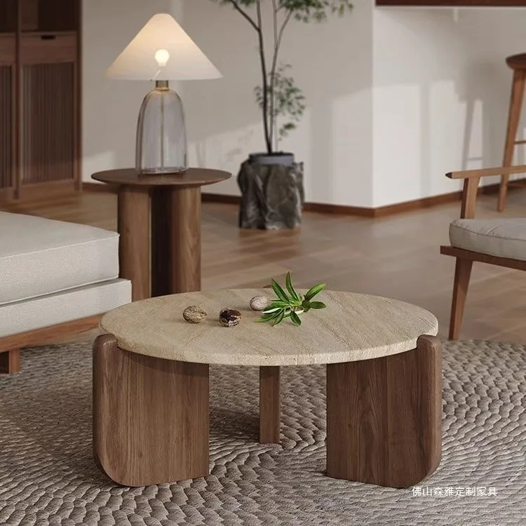 Couchtisch aus Travertin aus massivem Holz, minimalistischer kleiner Teetisch, Wohnzimmer für kleine Wohnungen, runder Balkon für zu Hause, niedriger Marmortisch